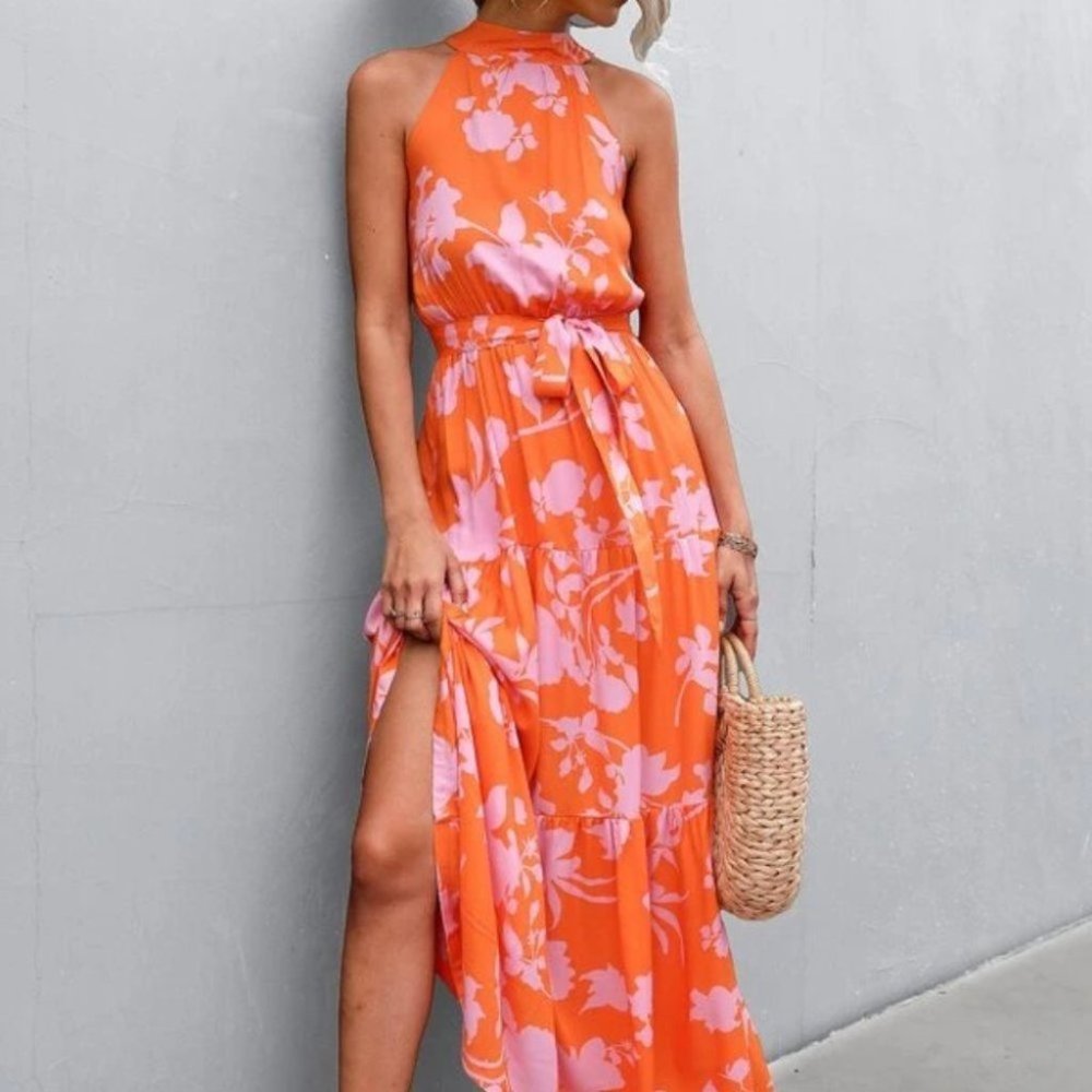 boho floral print belted halter maxi dress - Picture 8 of 13